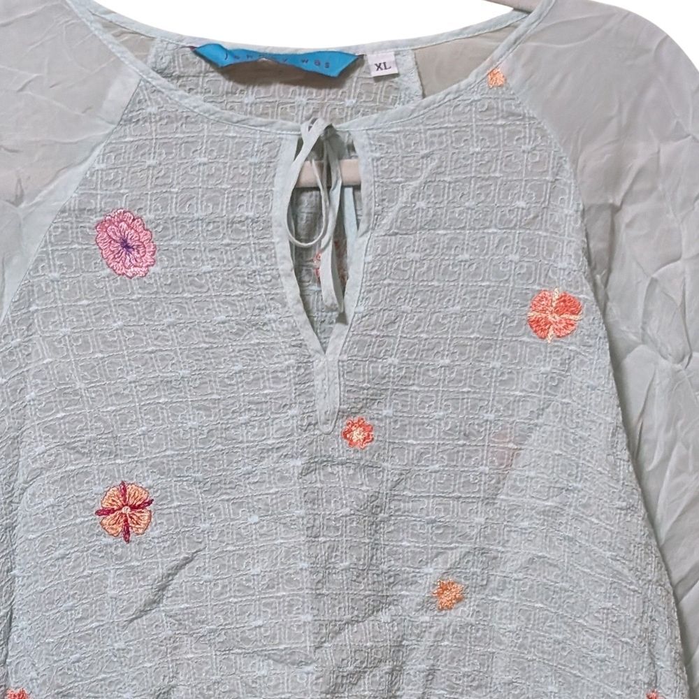 Johnny Was floral embroidered top semi sheer keyhole tie ditzy dainty size XL - Picture 9 of 11